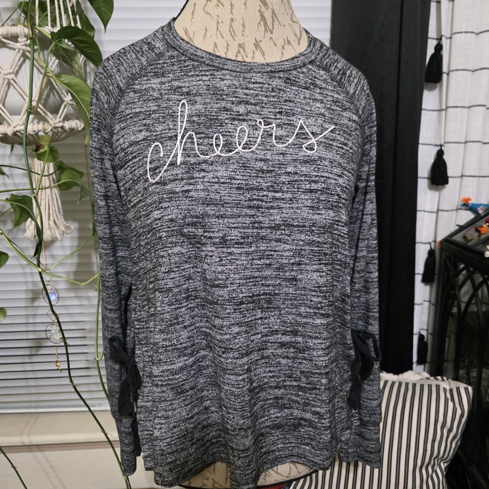 Sundry Charcoal Heather Long Sleeve Top Bow Tie Sides Sequins Embroidered